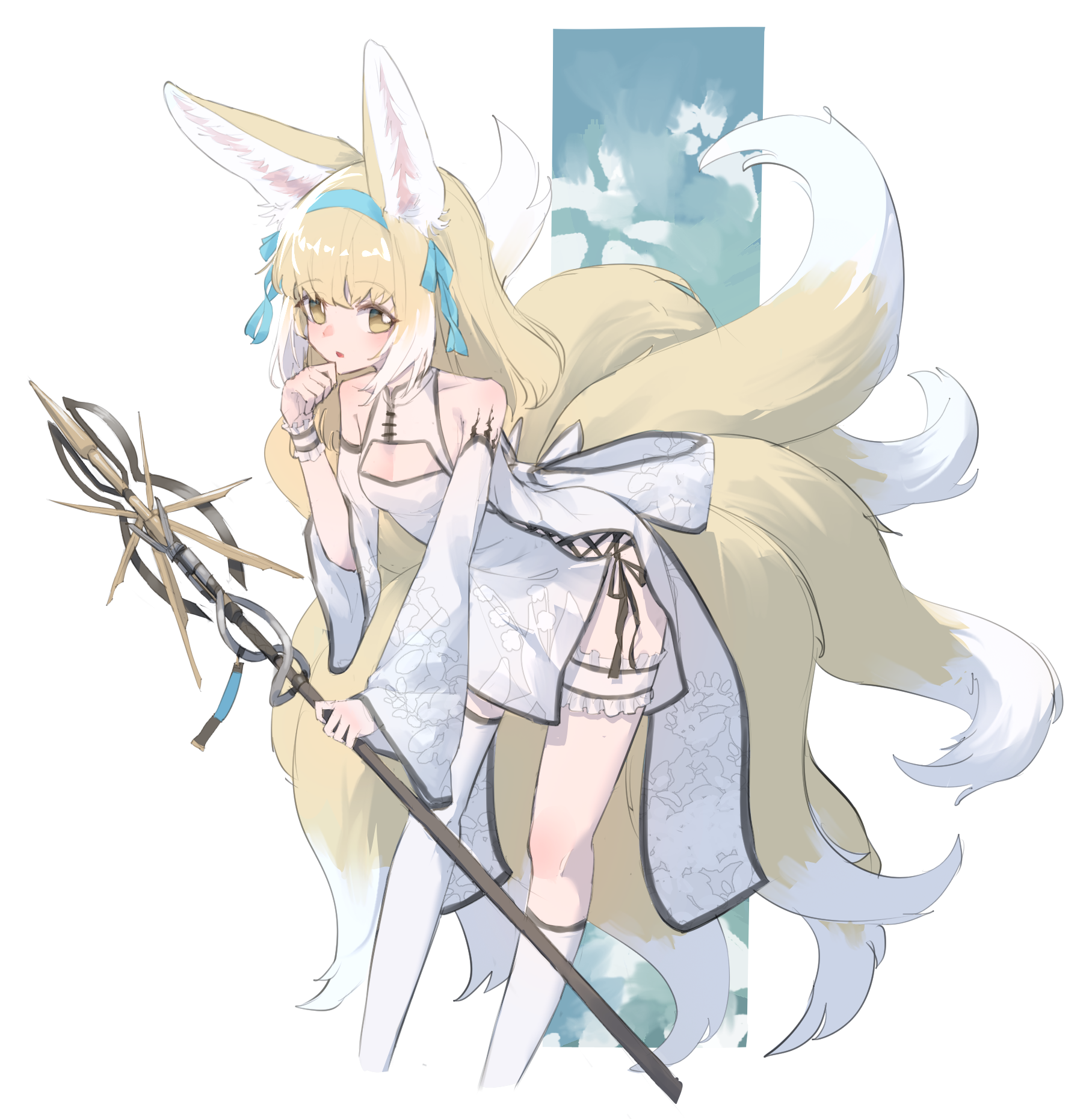 sasa fune, suzuran (arknights), arknights, commentary request, highres, partial commentary, 1girl, alternate costume, animal ear fluff, animal ears, asymmetrical legwear, back bow, bare shoulders, black ribbon, blonde hair, blue hairband, blue ribbon, bow, breasts, cleavage cutout, clenched hand, clothing cutout, coattails, colored tips, cropped legs, cross-laced slit, dress, expressionless, fox ears, fox girl, fox tail, frilled thigh strap, frilled wrist cuffs, frills, hair down, hair ribbon, hairband, hand up, holding, holding staff, kitsune, kneehighs, kyuubi, large ears, leaning forward, left-handed, light blush, long sleeves, material growth, medium hair, multicolored hair, multiple tails, oripathy lesion (arknights), parted lips, petite, print dress, ribbon, short dress, side-tie dress, sidelocks, simple background, single sock, single thighhigh, sleeveless, sleeveless dress, small breasts, socks, solo, staff, standing, streaked hair, tail, thigh strap, thighhighs, two-tone hair, uneven legwear, white background, white bow, white dress, white sleeves, white socks, white streaks, white thighhighs, white wrist cuffs, wide sleeves, wrist cuffs, yellow eyes, yellow tail