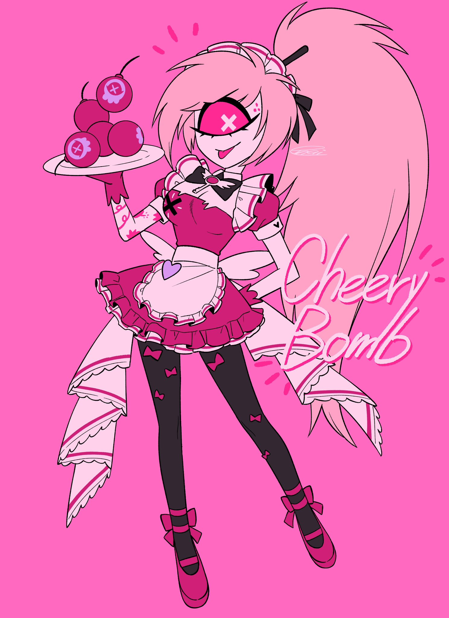 menma (enaic31), cherri bomb, hazbin hotel, hellaverse, commentary, highres, symbol-only commentary, 1girl, alternate costume, antenna hair, apron, arm tattoo, back bow, black bow, black bowtie, black pantyhose, bomb, bow, bowtie, breasts, brooch, character name, closed mouth, collared shirt, colored skin, cyclops, enmaided, explosive, frilled apron, frills, full body, gloves, hair tie, hand on own hip, hand up, heart, high ponytail, holding, holding plate, jewelry, long hair, looking at viewer, maid, maid apron, maid headdress, one-eyed, pantyhose, petticoat, pink background, pink bow, pink gloves, pink hair, pink shoes, plate, ponytail, puffy short sleeves, puffy sleeves, shirt, shoes, short sleeves, simple background, small breasts, smile, solo, standing, swept bangs, tattoo, tongue, tongue out, traditional bowtie, typo, very long hair, waist apron, white apron, white bow, white shirt, white skin