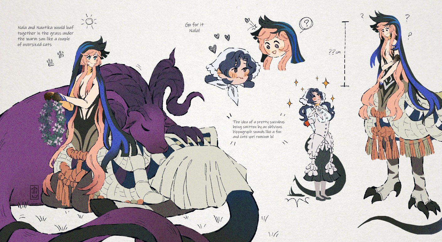 uncanonvalley, anjo nala, nautika (reverse:1999), reverse:1999, commentary, english commentary, 2girls, ?, aqua eyes, bare shoulders, black dress, black hair, black hands, black skirt, black veil, blue veil, blush, breasts, centauroid, chimera, claws, cleavage, closed eyes, closed mouth, coif, colored extremities, curled horns, dress, english text, flower wreath, full body, gradient skin, hair between eyes, head wreath, height difference, holding, holding wreath, hooves, horns, large breasts, lizard tail, long hair, long skirt, looking at another, medium breasts, monster girl, multiple girls, open mouth, parted bangs, pink hair, plunging neckline, purple eyes, shirt, sidelocks, signature, sitting, skirt, sleeping, standing, strapless, strapless dress, tail, tassel, taur, two-tone veil, veil, very long hair, white shirt