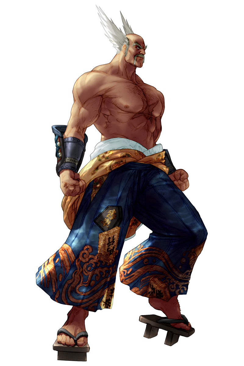 kawano takuji, mishima heihachi, namco, soul calibur, soulcalibur, soulcalibur ii, tekken, highres, official art, 1boy, bald, blue hakama, crossover, facial hair, geta, hakama, hakama skirt, head wings, japanese clothes, male focus, muscular, mustache, old, old man, pointy hair, sandals, scar, skirt, solo, topless male, vambraces, white background, white hair, wings