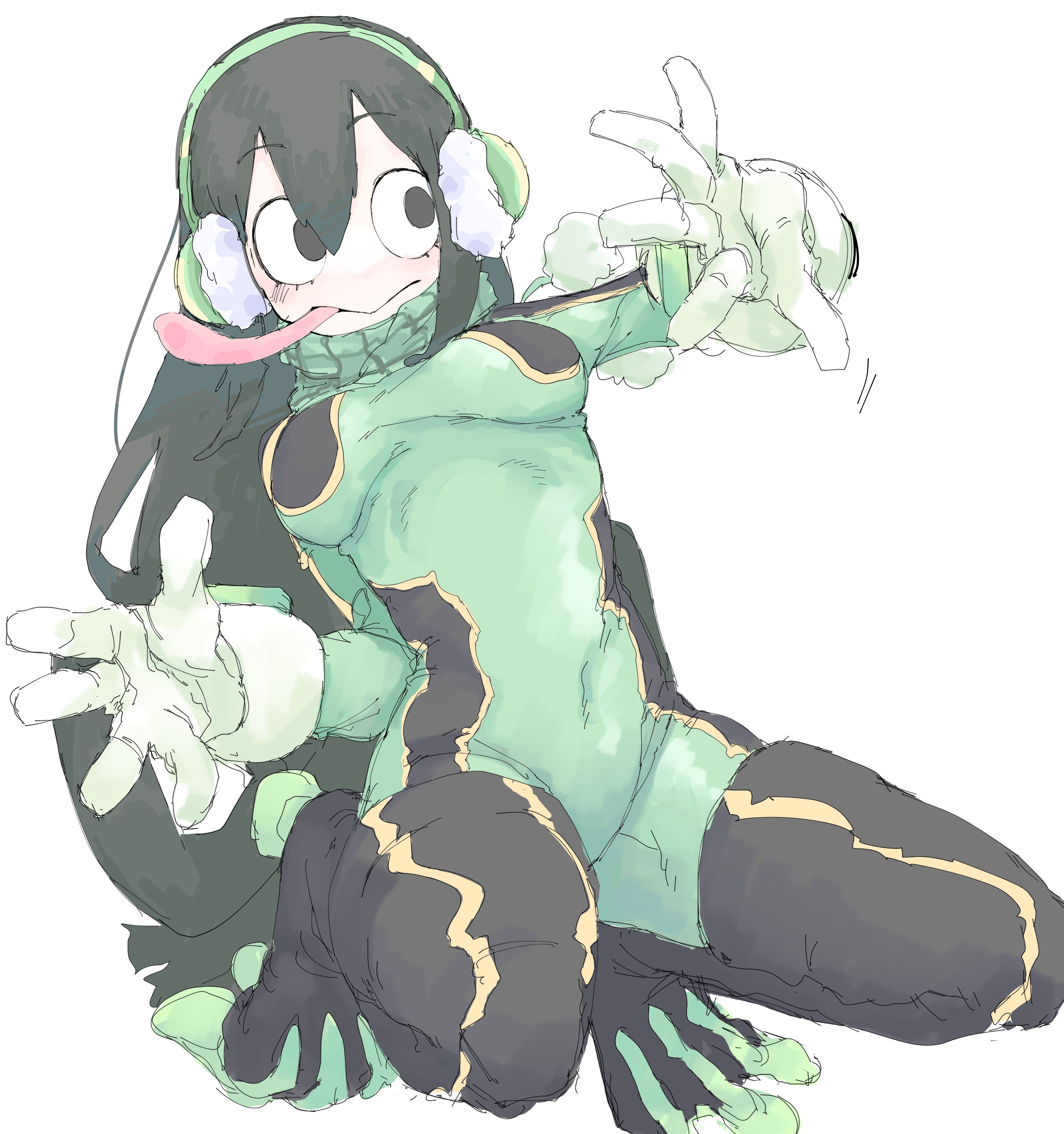 mocamocaink, asui tsuyu, boku no hero academia, absurdres, commentary request, highres, 1girl, black eyes, black hair, black thighhighs, bodysuit, breasts, covered navel, green bodysuit, hair between eyes, long hair, long tongue, medium breasts, simple background, solo, squatting, thighhighs, tongue, tongue out, two-tone bodysuit, very long tongue, white background