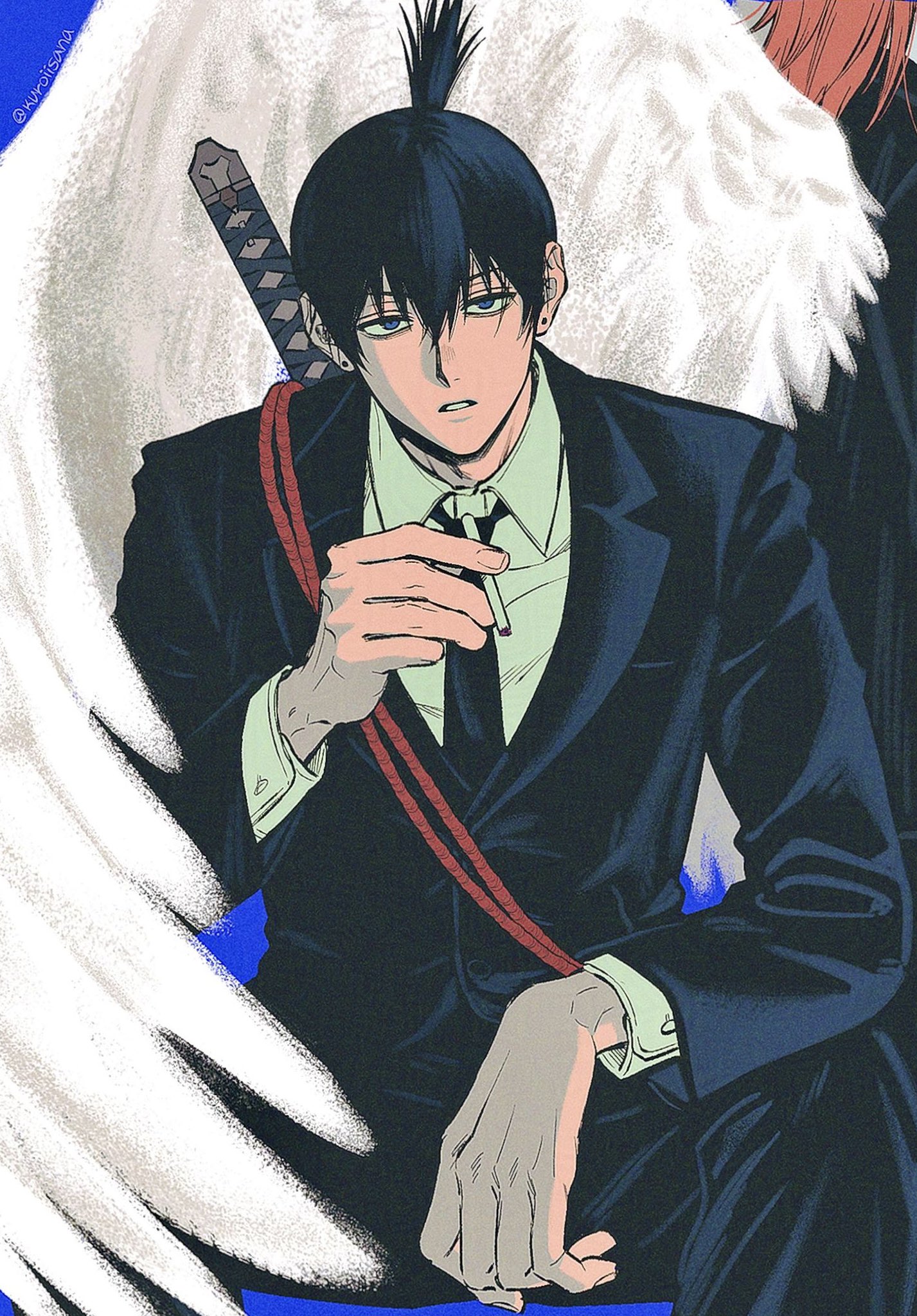 kuroiisana, angel devil (chainsaw man), hayakawa aki, chainsaw man, highres, 2boys, angel, angel wings, black hair, black jacket, black necktie, black suit, business suit, cigarette, feathered wings, formal clothes, holding, holding cigarette, jacket, male focus, multiple boys, necktie, red hair, shirt tucked in, suit, suit jacket, white wings, wings