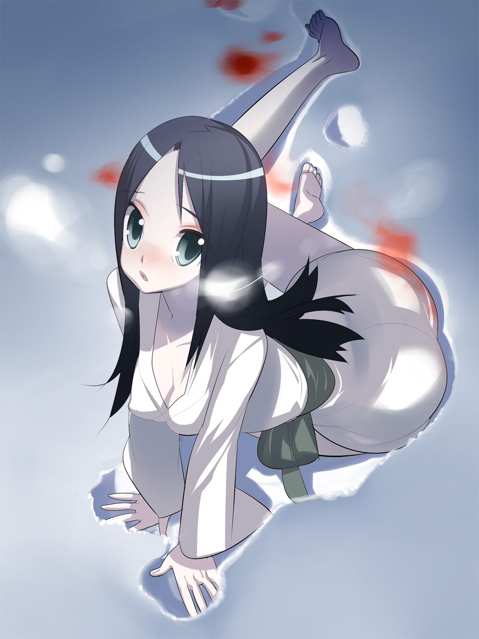 tensugi takashi, bad id, bad pixiv id, highres, barefoot, black hair, blood, blush, breath, colored skin, green eyes, japanese clothes, kimono, long hair, snow, solo, white skin