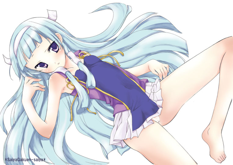 saiya, nagi, kannagi, 00s, barefoot, blue hair, blunt bangs, flat chest, hair tubes, hairband, long hair, panties, pantyshot, pleated skirt, purple eyes, skirt, solo, underwear, white skirt