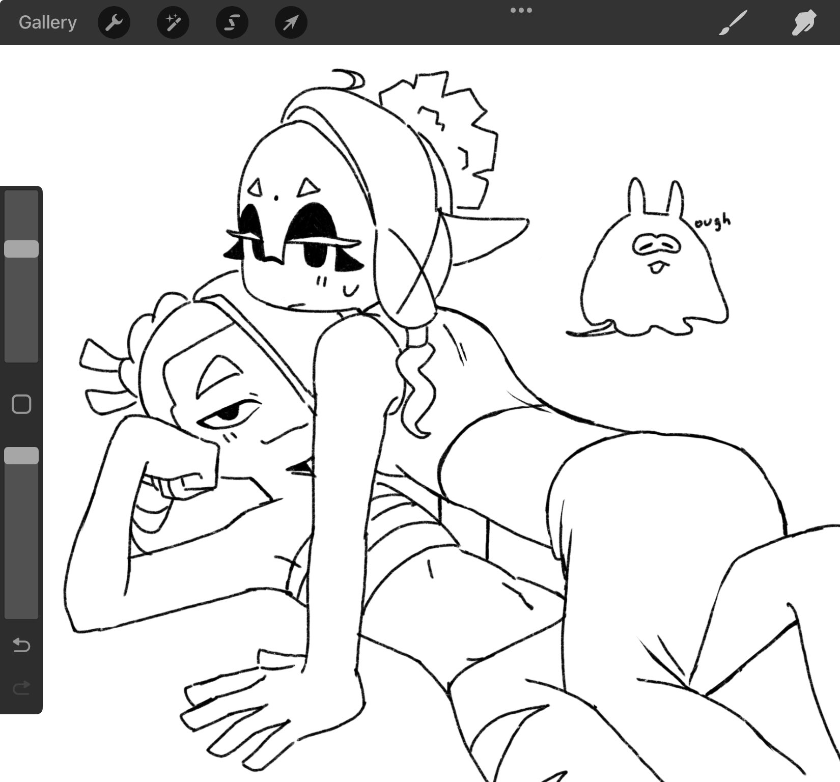 boffix, big man (splatoon), frye (splatoon), shiver (splatoon), nintendo, splatoon (series), splatoon 3, highres, 1boy, 2girls, :3, arm rest, art program in frame, bare arms, bare shoulders, chest sarashi, clenched hand, closed mouth, clothing cutout, crop top, english text, eyelashes, food-themed hair ornament, girl on top, hair ornament, hair over one eye, hairband, half-closed eyes, hand on ground, horizontal pupils, inkling, knee in crotch, light blush, long pointy ears, looking at viewer, lying, manta ray, midriff, multiple girls, octoling, on back, pants, pointy ears, procreate (software), sarashi, short eyebrows, smile, sweatdrop, tail, tentacle hair, thick eyebrows, thigh cutout, x hair ornament, yuri