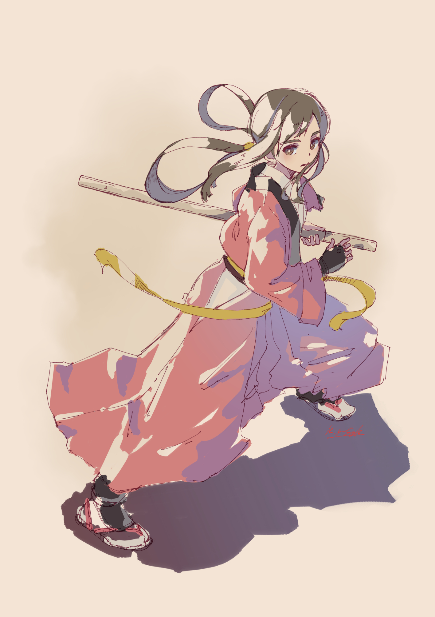 kagawa yuusaku, takane hibiki, bakumatsu rouman, bakumatsu rouman dainimaku, highres, 1girl, armor, artist name, battoujutsu stance, black hair, brown background, brown eyes, closed mouth, fighting stance, floating hair, full body, gloves, hair rings, hair tubes, hakama, hakama skirt, holding, holding sheath, holding weapon, japanese armor, japanese clothes, katana, kimono, kote, legs apart, long hair, ready to draw, red hakama, sandals, sash, shadow, sheath, sheathed, sidelocks, signature, skirt, solo, standing, suneate, sword, tabi, weapon, white kimono, yellow sash