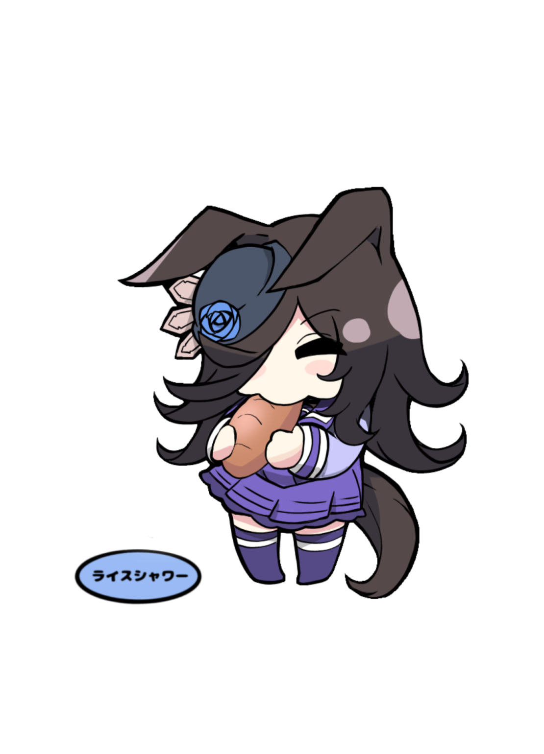 kawamochi (tddm3573), rice shower (umamusume), umamusume, highres, 1girl, animal ears, black hair, black hat, blue flower, blue rose, blush stickers, bread, character name, chibi, closed eyes, ears down, eating, flower, food, full body, hair over one eye, hat, hat flower, holding, holding food, horse ears, horse girl, horse tail, loaf of bread, long hair, long sleeves, no shoes, pleated skirt, puffy long sleeves, puffy sleeves, purple shirt, purple skirt, purple thighhighs, rose, school uniform, shirt, simple background, skirt, solo, standing, tail, thighhighs, tilted headwear, tracen school uniform, very long hair, white background