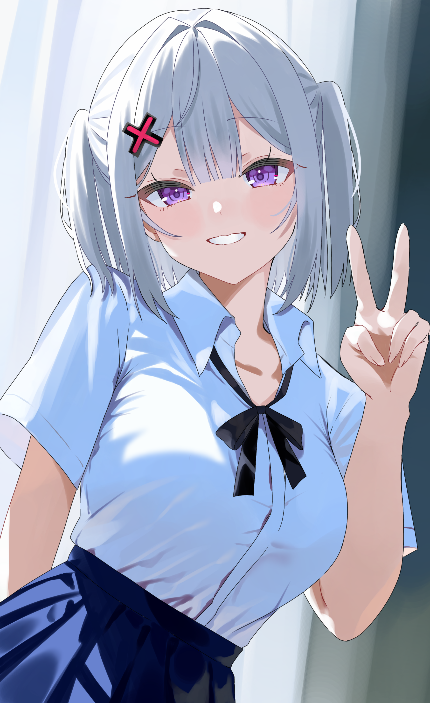 tillots, original, absurdres, highres, 1girl, blue skirt, breasts, cleavage, clenched teeth, cross, cross hair ornament, grey hair, hair between eyes, hair ornament, large breasts, looking at viewer, neck ribbon, pleated skirt, purple eyes, red cross, ribbon, shirt, short sleeves, short twintails, skirt, solo, teeth, twintails, v, white shirt