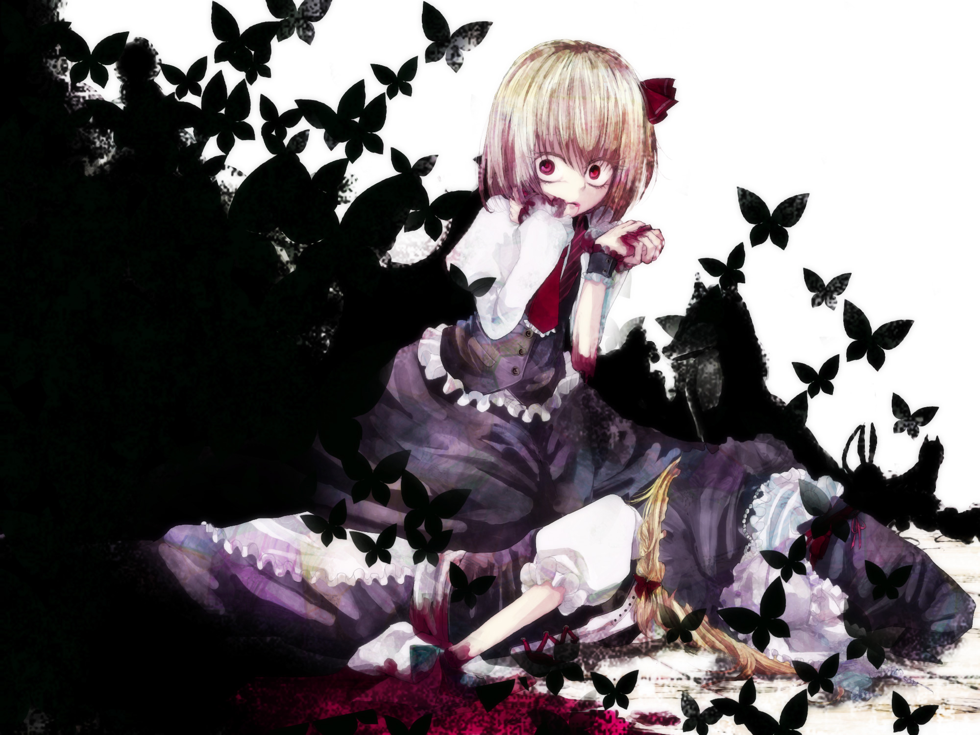 memai, kirisame marisa, rumia, embodiment of scarlet devil, touhou, bad id, bad pixiv id, highres, 2girls, blonde hair, blood, bug, butterfly, darkness, death, female focus, hat, insect, multiple girls, red eyes, ribbon, skirt