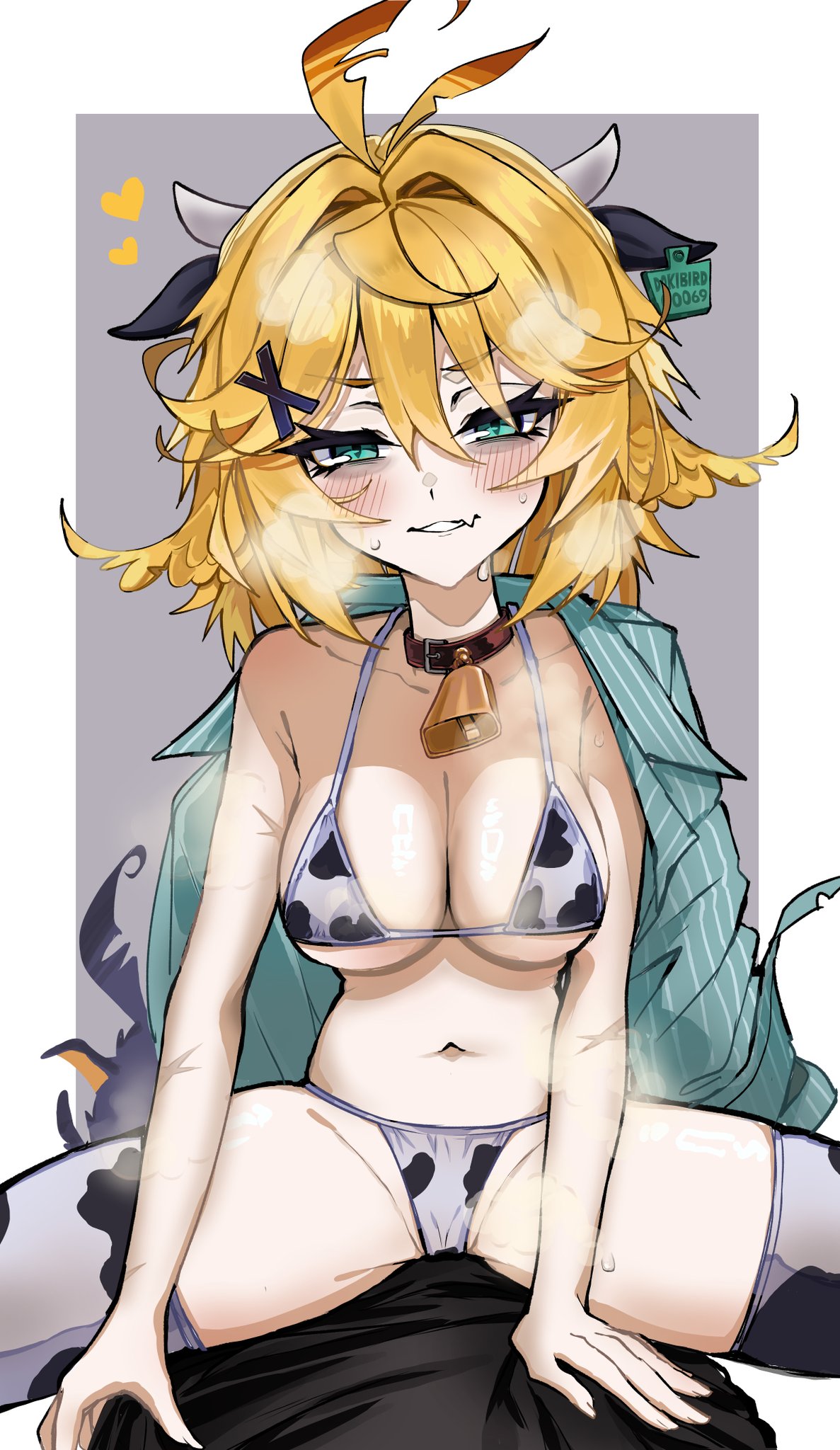 mont pha, doki amber doge (dokibird), dokibird, dokibird (bounty hunter), indie virtual youtuber, highres, animal print, bikini, breasts, cow print, cow print bikini, cowgirl position, print bikini, smell, straddling, swimsuit