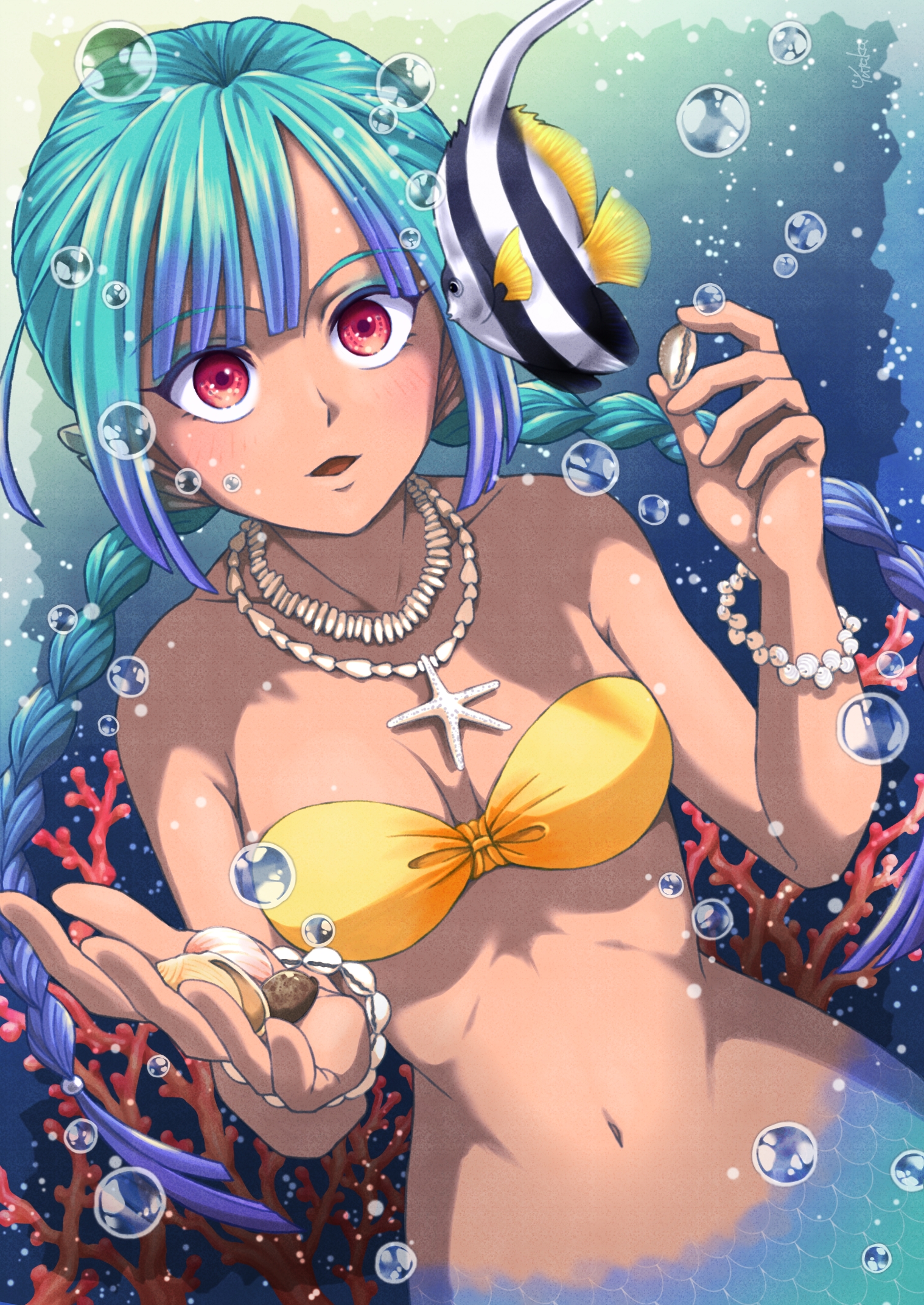 original, commentary request, highres, 1girl, air bubble, angelfish, aqua hair, bare shoulders, bikini, bikini top only, blunt bangs, bracelet, braid, breasts, bubble, cleavage, collarbone, coral, cowboy shot, dark-skinned female, dark skin, dutch angle, fish, holding seashell, jewelry, looking at another, medium breasts, mermaid, monster girl, navel, open mouth, pearl bracelet, red eyes, scales, seashell, shell, sidelocks, solo focus, starfish necklace, stomach, strapless, strapless bikini, swimsuit, twin braids, underwater, yellow bikini, yutaka illust