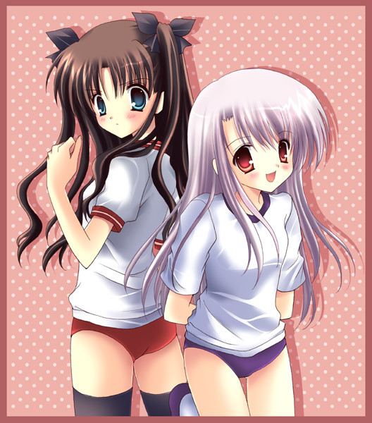 illyasviel von einzbern, tohsaka rin, fate/stay night, fate (series), black legwear, silver hair, 00s, 2girls, aqua eyes, blush, brown hair, long hair, multiple girls, red eyes, thighhighs
