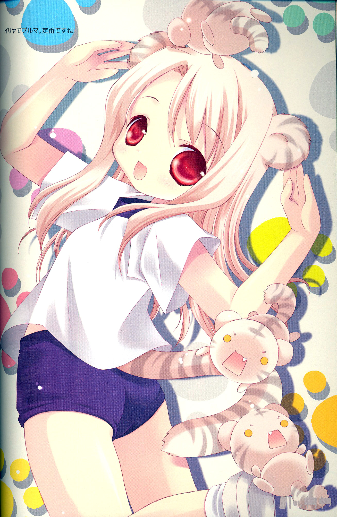 illyasviel von einzbern, fate/stay night, fate (series), silver hair, highres, 00s, animal ears, blonde hair, chibi, lion, lion ears, lion tail, long hair, red eyes, solo, tail