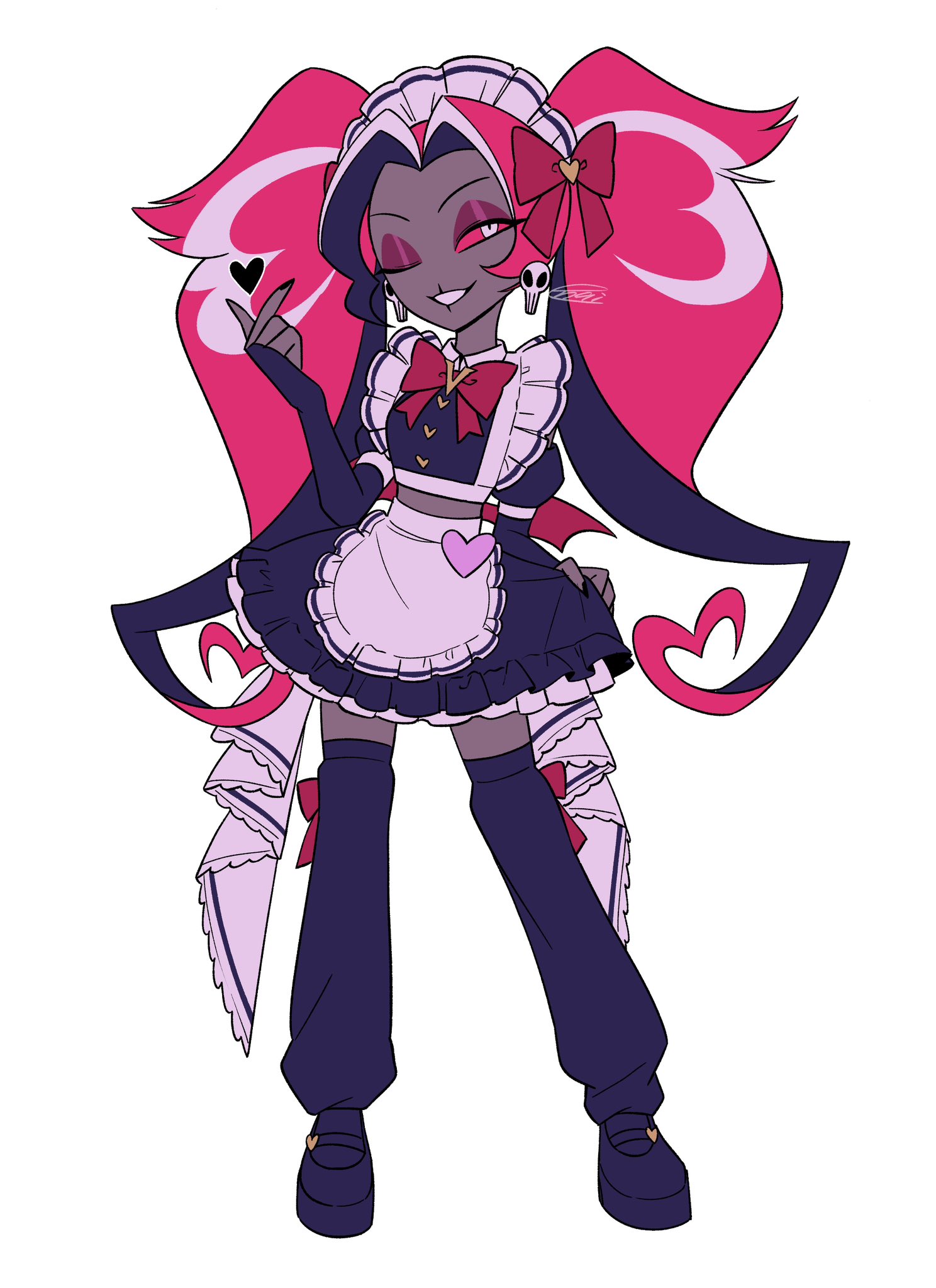 menma (enaic31), velvette (hazbin hotel), hazbin hotel, hellaverse, highres, 1girl, ;d, alternate costume, apron, black hair, black shirt, black shoes, black skirt, black thighhighs, bow, bowtie, buttons, collared shirt, colored sclera, crop top, dark-skinned female, dark skin, earrings, enmaided, eyeshadow, fewer digits, finger heart, frilled apron, frilled skirt, frills, full body, grin, headdress, heart, heart button, jewelry, juliet sleeves, long hair, long sleeves, looking at viewer, loose thighhigh, maid, maid apron, maid headdress, makeup, mary janes, midriff, miniskirt, multicolored hair, one eye closed, open mouth, petticoat, puffy sleeves, red bow, red bowtie, red eyeshadow, red hair, red sclera, red wings, shirt, shoes, signature, simple background, skirt, skirt hold, skull earrings, smile, solo, standing, streaked hair, thighhighs, twintails, very long hair, waist apron, white apron, white background, white eyes, white hair, white headdress, wings, zettai ryouiki