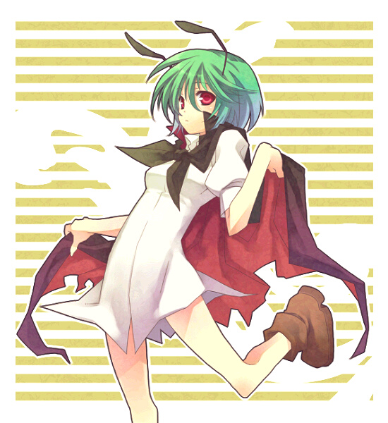 al, mugura, wriggle nightbug, touhou, bad id, bad pixiv id, 1girl, antennae, bottomless, cape, dress, female focus, green hair, red eyes, short hair, solo