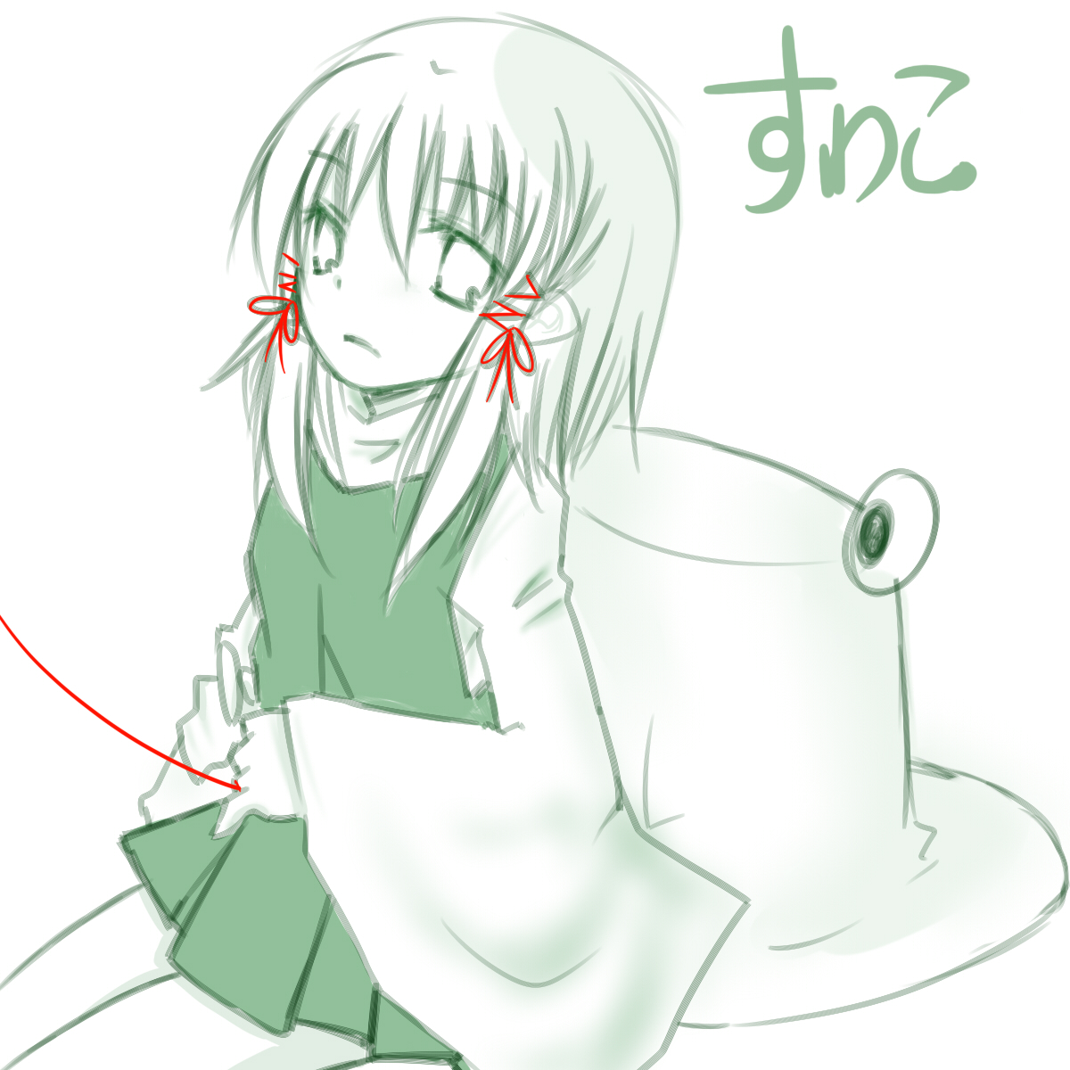 you at pome, moriya suwako, touhou, bad id, bad pixiv id, highres, 1girl, female focus, hat, monochrome, skirt, solo, spot color, string, string of fate, white background