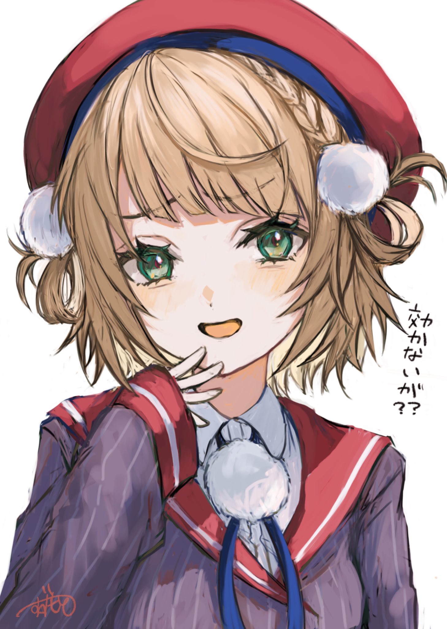 suzumoto moyo, shigure ui (vtuber), shigure ui (vtuber) (1st costume), indie virtual youtuber, commentary request, highres, translation request, 1girl, beret, blonde hair, blush, braid, collared shirt, dress shirt, green eyes, grey jacket, hair ornament, hair rings, hand on own chin, hat, jacket, long sleeves, looking at viewer, pinstripe jacket, pinstripe pattern, pom pom (clothes), pom pom hair ornament, raised inner eyebrows, red hat, red sailor collar, sailor collar, school uniform, shirt, short hair, side braid, side up ring, simple background, sleeve cuffs, smug, solo, swept bangs, underwear, virtual youtuber, white background, white shirt
