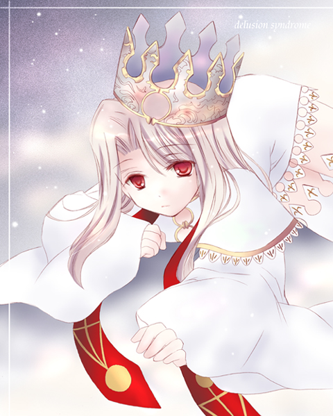 delusion syndrome, illyasviel von einzbern, fate/stay night, fate (series), 00s, 1girl, crown, dress, dress of heaven, female focus, long hair, lying, red eyes, snow, solo, thighhighs, white hair