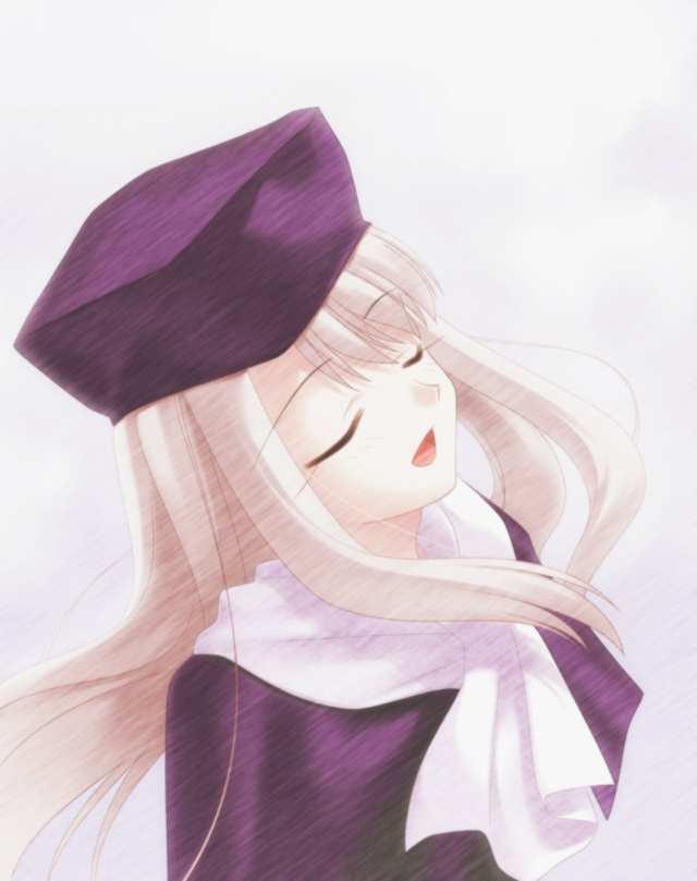 takeuchi takashi, illyasviel von einzbern, fate/stay night, fate (series), silver hair, game cg, 00s, 1girl, closed eyes, female focus, hat, long hair, purple hat, solo