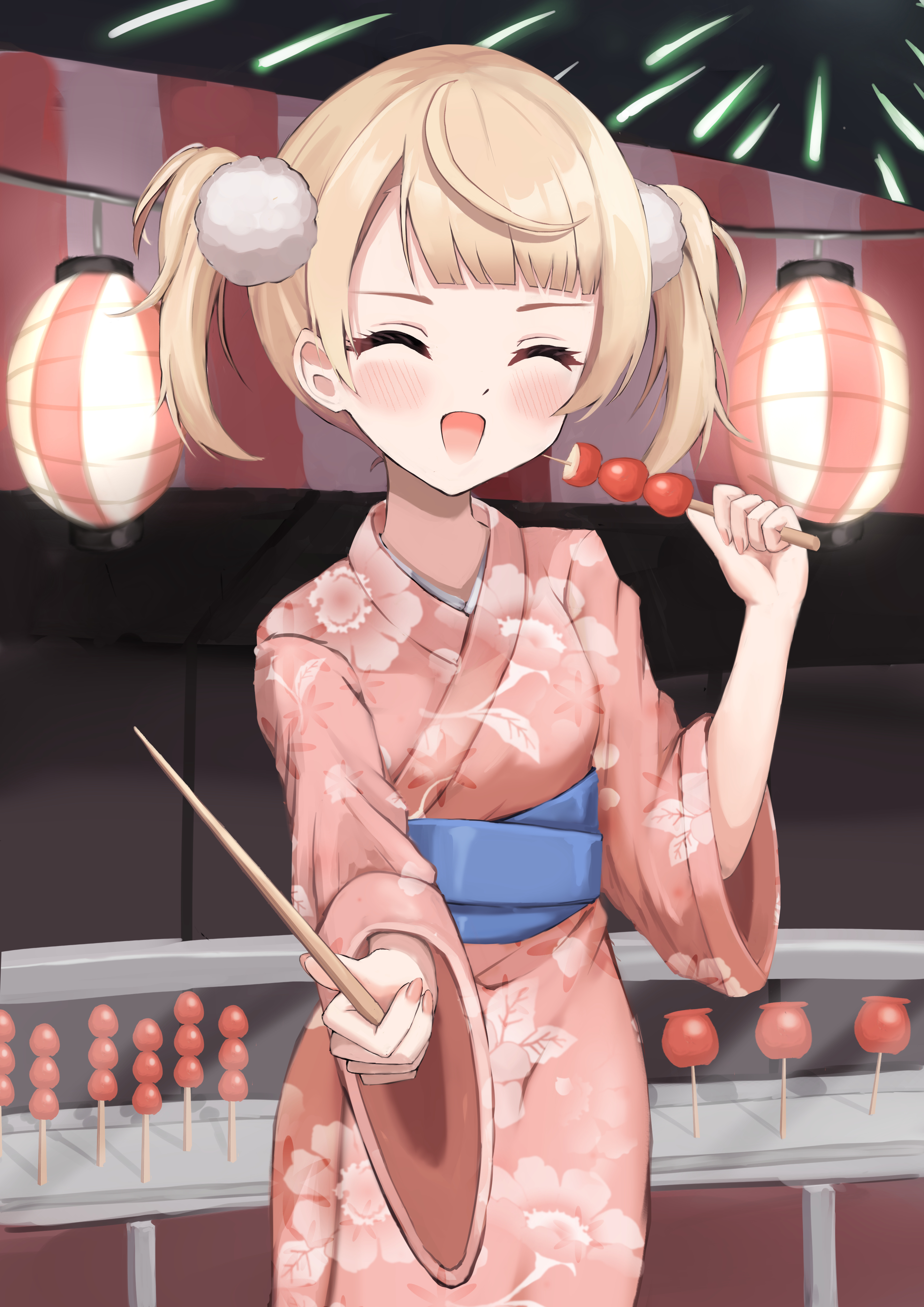 shigure ui (vtuber), shigure ui (vtuber) (young), indie virtual youtuber, absurdres, commentary request, highres, 1girl, :d, aerial fireworks, alternate costume, amazora haruki, blonde hair, blue sash, blunt bangs, blush, candy apple, closed eyes, fireworks, floral print, floral print kimono, food, food stand, hair ornament, holding, holding food, holding stick, japanese clothes, kimono, lantern, long sleeves, obi, open mouth, paper lantern, pom pom (clothes), pom pom hair ornament, print kimono, sash, short hair, side part, smile, solo, stick, summer festival, twintails, virtual youtuber, wide sleeves, yukata
