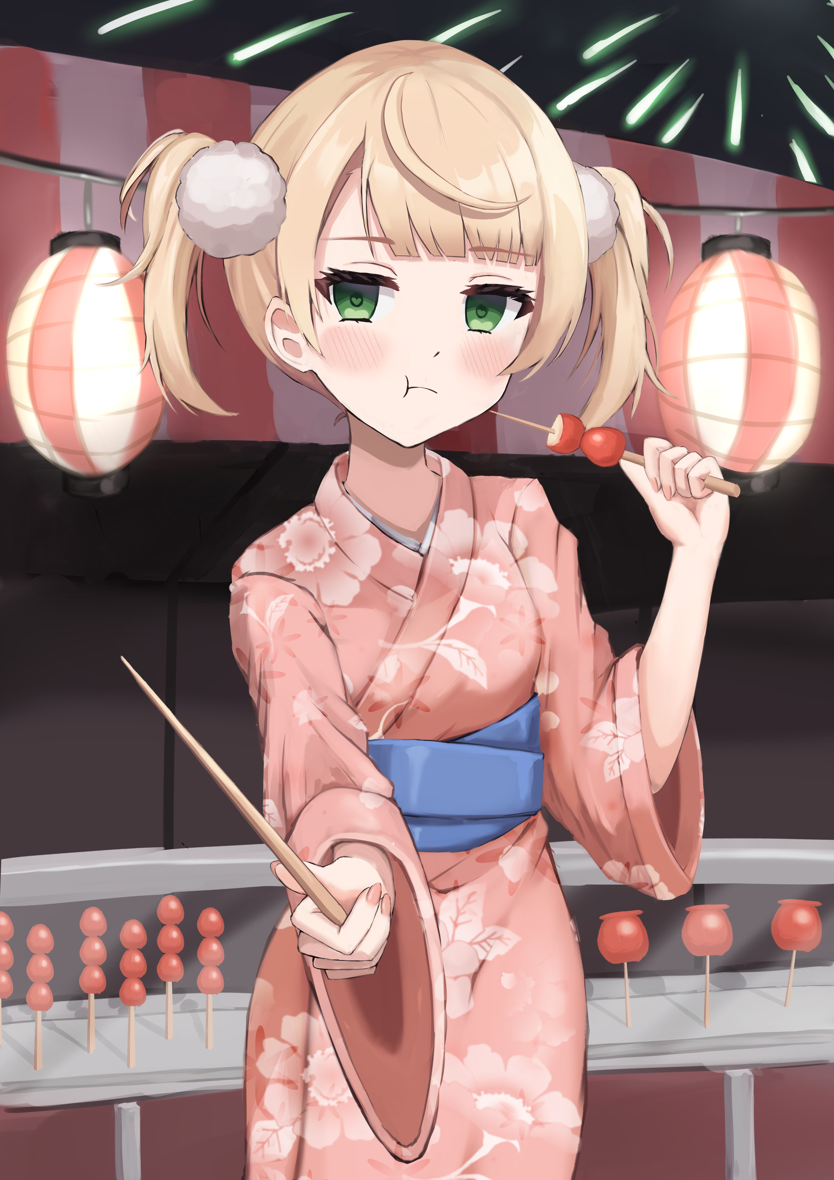 shigure ui (vtuber), shigure ui (vtuber) (young), indie virtual youtuber, absurdres, commentary request, highres, 1girl, :t, aerial fireworks, alternate costume, amazora haruki, blonde hair, blue sash, blunt bangs, blush, candy apple, chewing, eating, empty eyes, fireworks, floral print, floral print kimono, food, food stand, green eyes, hair ornament, heart, heart-shaped pupils, holding, holding food, holding stick, japanese clothes, kimono, lantern, long sleeves, looking at viewer, obi, paper lantern, pom pom (clothes), pom pom hair ornament, print kimono, sash, short hair, side part, solo, stick, summer festival, symbol-shaped pupils, twintails, virtual youtuber, wide sleeves, yukata
