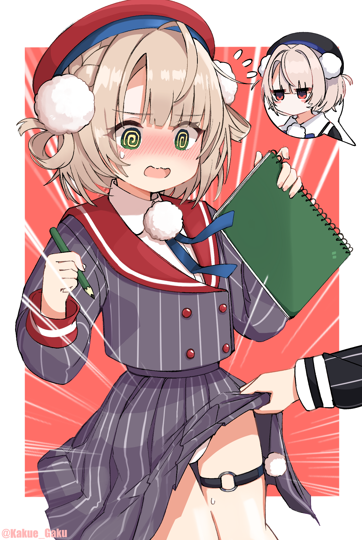 kakue gaku, shigure ui (vtuber), shigure ui (vtuber) (1st costume), ui (voisona), indie virtual youtuber, voisona, highres, 2girls, @ @, beret, blue ribbon, blunt bangs, blush, braid, brown hair, collared shirt, dress shirt, embarrassed, flying sweatdrops, green eyes, grey jacket, grey skirt, hair ornament, hair rings, hat, holding, holding notebook, holding pencil, jacket, lifting another's clothes, long sleeves, looking down, miniskirt, multiple girls, neck ribbon, notebook, o-ring, o-ring thigh strap, open mouth, panties, pencil, pinstripe jacket, pinstripe pattern, pinstripe skirt, pleated skirt, pom pom (clothes), pom pom hair ornament, red hat, red sailor collar, ribbon, sailor collar, school uniform, shirt, short hair, side braid, side part, side up ring, skirt, skirt flip, sleeve cuffs, small sweatdrop, solo focus, spoken character, thigh strap, twitter username, underwear, virtual youtuber, wavy mouth, white panties, white shirt