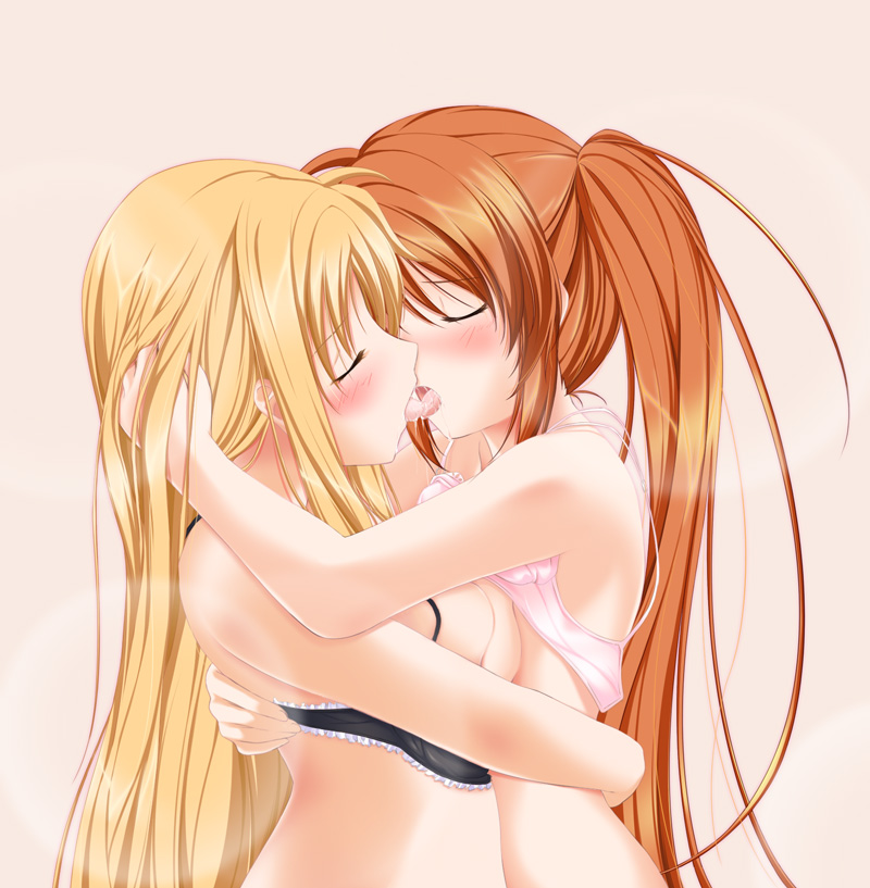 amicis, fate testarossa, takamachi nanoha, lyrical nanoha, mahou shoujo lyrical nanoha, 00s, 2girls, blonde hair, bra, bra lift, bra pull, breast press, breasts, brown hair, closed eyes, clothes lift, clothes pull, couple, female focus, french kiss, hug, kiss, lingerie, long hair, medium breasts, multiple girls, saliva, small breasts, tongue, underwear, yuri