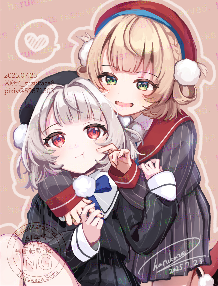 shigure ui (vtuber), shigure ui (vtuber) (1st costume), ui (voisona), indie virtual youtuber, voisona, highres, 2girls, :t, beret, black hat, black jacket, black skirt, blonde hair, blue bow, blue bowtie, blue ribbon, blunt bangs, blush, bow, bowtie, braid, cheek poking, collared shirt, dated, dress shirt, eye contact, grabbing another's arm, green eyes, grey hair, grey jacket, grey skirt, hair ornament, hair rings, harukaze suzu, hat, jacket, kneehighs, legwear garter, long sleeves, looking at another, miniskirt, multiple girls, neck ribbon, pinstripe jacket, pinstripe pattern, pinstripe skirt, pixiv id, pleated skirt, poking, pom pom (clothes), pom pom hair ornament, red eyes, red hat, red sailor collar, red socks, ribbon, sailor collar, school uniform, shirt, short hair, side braid, side up ring, signature, skirt, sleeve cuffs, socks, twitter username, virtual youtuber, watermark, white shirt