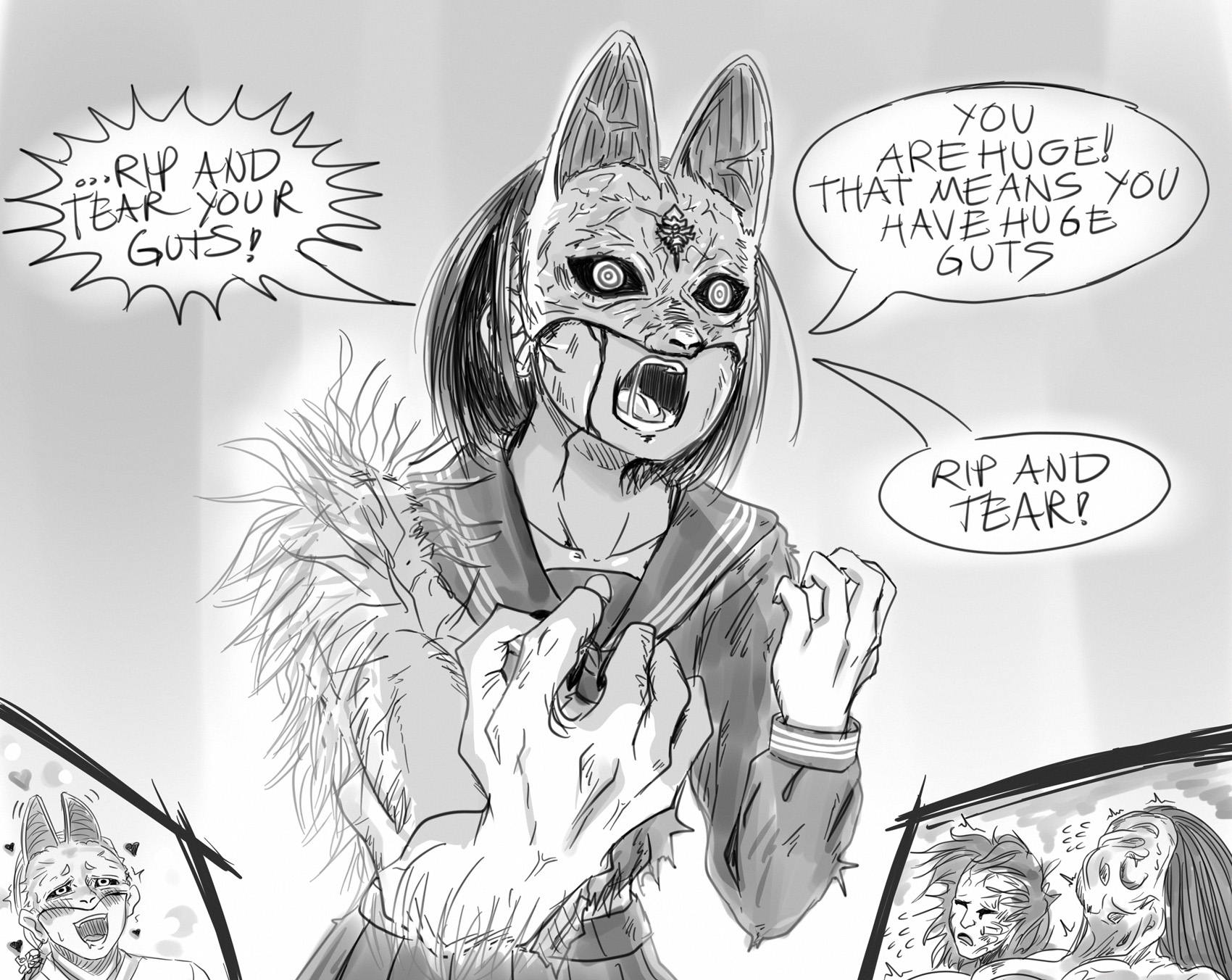 viperxtr, fox mask (silent hill), shimizu hinako, doom (series), silent hill (series), silent hill f, large arm, character request, highres, 1boy, 1girl, fox mask, grey background, greyscale, long sleeves, mask, monochrome, pleated skirt, rip and tear (phrase), sailor collar, school uniform, skirt, torn clothes