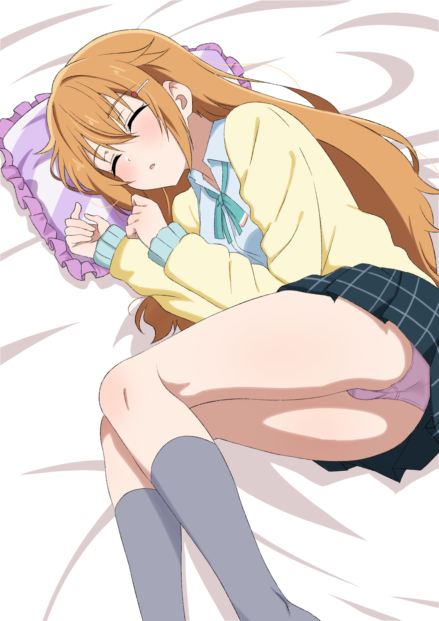 goa1126, konoe kanata, love live!, love live! nijigasaki high school idol club, highres, 1girl, bed sheet, cardigan, closed eyes, collared shirt, green ribbon, grey socks, hair flaps, hair ornament, hairclip, head on pillow, kneehighs, legs together, long hair, lying, miniskirt, neck ribbon, on side, open cardigan, open clothes, orange hair, panties, parted lips, pillow, pink panties, ribbon, shirt, skirt, sleeping, socks, solo, striped pillow, underwear, white shirt, yellow cardigan