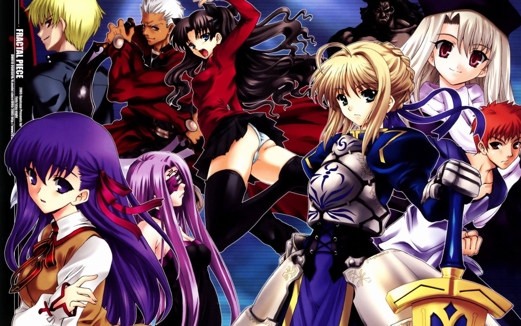 archer (fate), artoria pendragon (fate), emiya shirou, gilgamesh (fate), gilgamesh (immoral biker jacket) (fate), illyasviel von einzbern, matou sakura, medusa (fate), medusa (rider) (fate), saber (fate), tohsaka rin, fate/stay night, fate (series), silver hair, highres, 00s, 4boys, 5girls, black hair, blonde hair, everyone, green eyes, hat, long hair, multiple boys, multiple girls, official alternate costume, panties, purple eyes, purple hair, red eyes, ribbon, short hair, underwear, very long hair