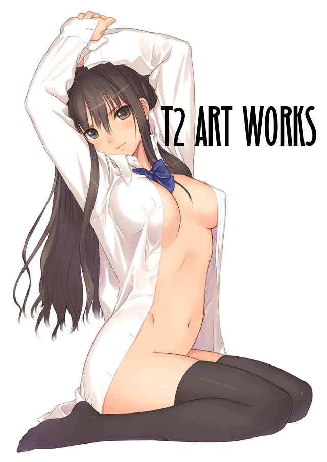 tony taka, 1girl, arms up, black thighhighs, bottomless, breasts, brown eyes, brown hair, covered erect nipples, dress shirt, female focus, large breasts, legs, long hair, long legs, naked shirt, no panties, open clothes, open shirt, shirt, sitting, solo, thighhighs, thighs