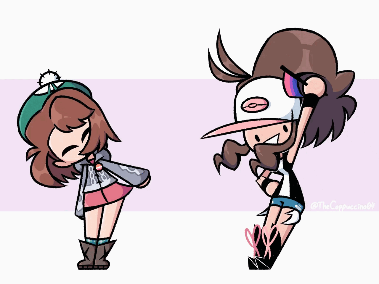 thecappuccino04, gloria (pokemon), hilda (pokemon), nintendo, pokemon, pokemon bw, pokemon sm, animated, animated gif, 2girls, :>, ass shake, bare legs, baseball cap, beanie, black vest, blue shorts, breasts, brown hair, chibi, denim, denim shorts, full body, hand on own hip, happy, hat, high ponytail, looking at viewer, multiple girls, multiple views, open mouth, ponytail, shirt, short hair, short shorts, shorts, sidelocks, simple background, skirt, small breasts, smile, standing, turnaround, two-tone background, vest, white shirt, wristband