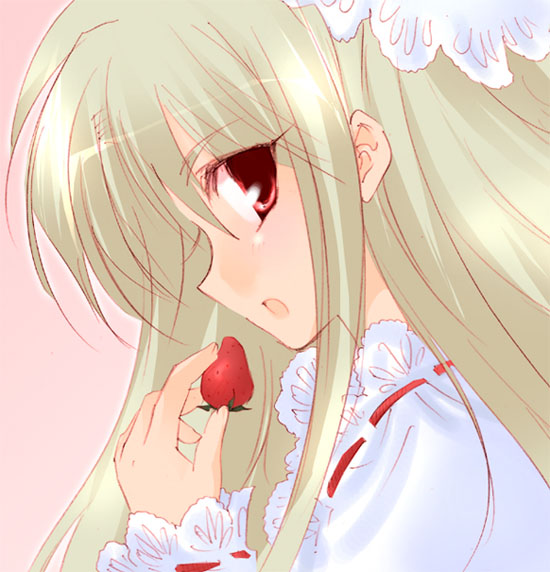illyasviel von einzbern, fate/stay night, fate (series), silver hair, 00s, 1girl, female focus, food, fruit, holding, holding food, holding fruit, long hair, red eyes, solo, strawberry