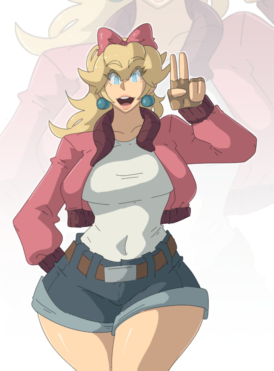 leedraw11, princess peach, princess peach (touring), mario (series), mario kart, mario kart world, nintendo, 1girl, belt, blonde hair, blue earrings, blue eyes, bow, breasts, denim, denim shorts, earrings, gloves, hair bow, jacket, jewelry, large breasts, long hair, looking at viewer, open clothes, open jacket, pink bow, pink jacket, shiny skin, shorts, thick thighs, thighs, v