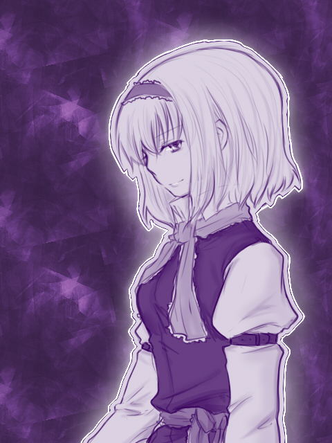 you at pome, alice margatroid, touhou, bad id, bad pixiv id, 1girl, female focus, gradient background, monochrome, purple theme, short hair, solo