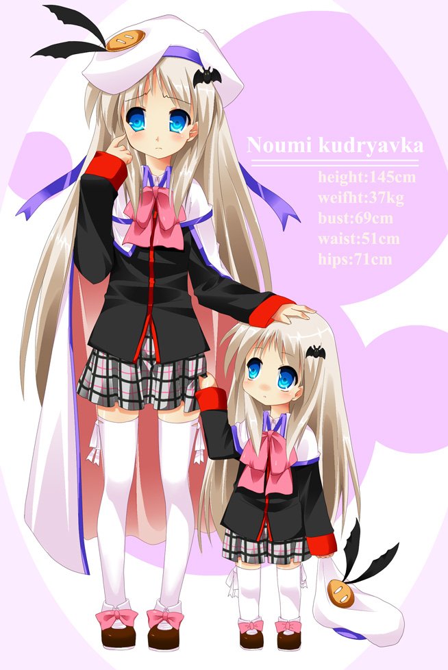 subachi, noumi kudryavka, little busters!, hand on head, silver hair, 2girls, aged down, aqua eyes, bat (animal), bat hair ornament, beret, blue eyes, blush, bow, buttons, cape, character name, child, clothes grab, dual persona, hair ornament, hat, large buttons, long hair, multiple girls, pink bow, plaid clothes, plaid skirt, ribbon, school uniform, skirt, skirt grab, skirt hold, stats, thighhighs, time paradox, white thighhighs, zettai ryouiki