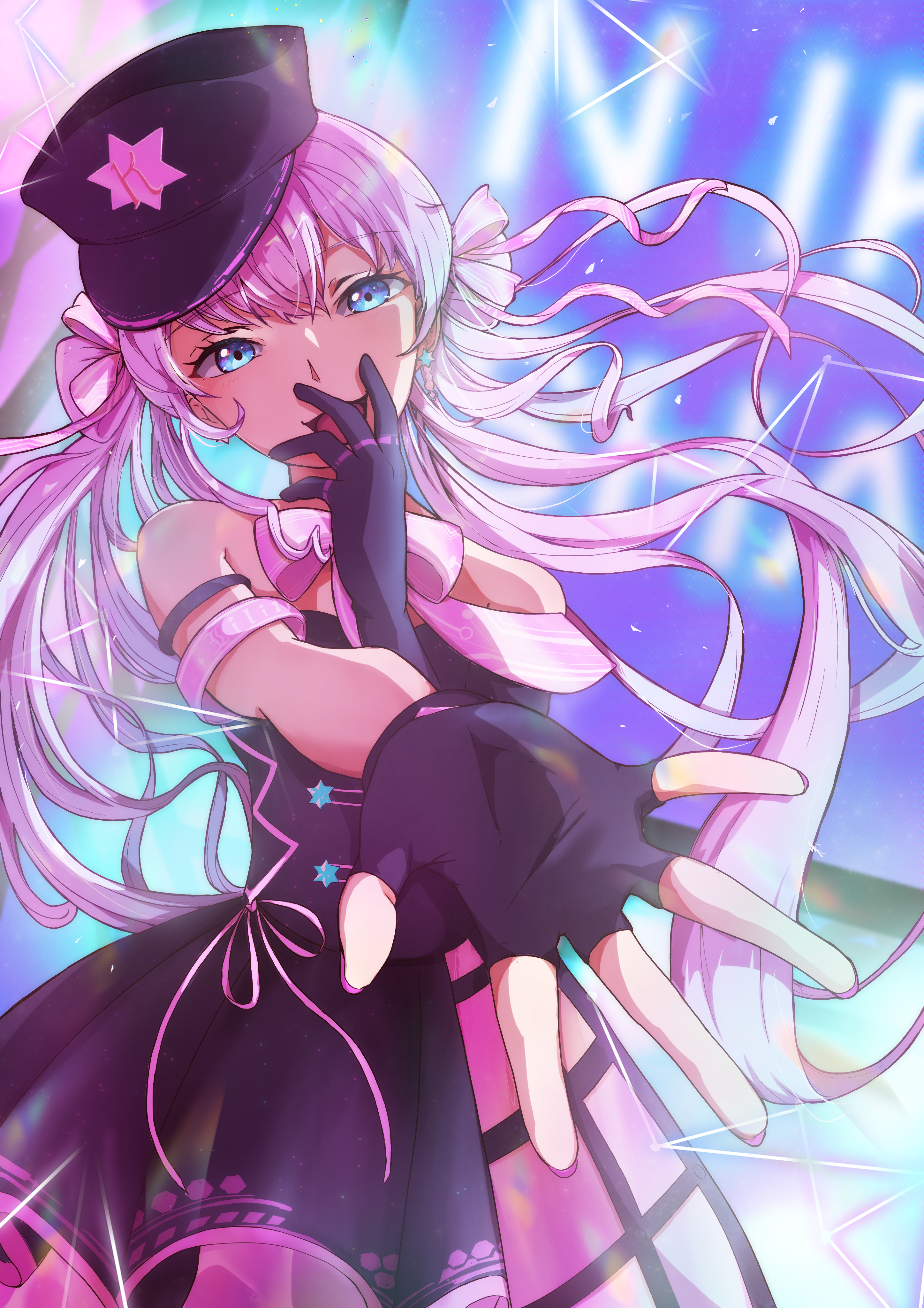watawata nr (siroraku), nikki (series), shining nikki, absurdres, commentary request, highres, 1girl, armband, armlet, asymmetrical gloves, black collar, black dress, black gloves, black hat, blue eyes, bow, bowtie, collar, cowboy shot, cross-laced clothes, cross-laced dress, detached collar, double bun, dress, dress ribbon, earrings, elbow gloves, electricity, eyelashes, fingerless gloves, floating hair, gloves, hair between eyes, hair bun, hand on own chin, hat, jewelry, laughing, layered dress, light particles, long hair, mismatched gloves, multiple rings, offering hand, open mouth, outstretched hand, peaked cap, pink armband, pink bow, pink bowtie, pink dress, pink hair, pink ribbon, pleated dress, print headwear, ribbon, ribbon-trimmed headwear, ribbon trim, ring, sideways hat, single elbow glove, single fingerless glove, smile, smug, solo, stage, star (symbol), star earrings, star print, twintails, very long hair, voice of desire (shining nikki), wavy hair