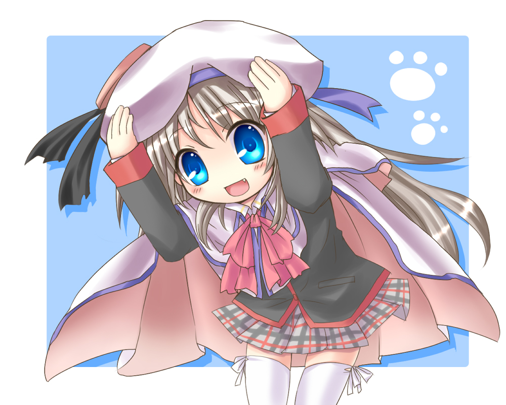 kanae tsukasa, noumi kudryavka, little busters!, silver hair, 1girl, aqua eyes, beret, bow, buttons, cape, fang, female focus, hat, long hair, pink bow, school uniform, solo, thighhighs, zettai ryouiki