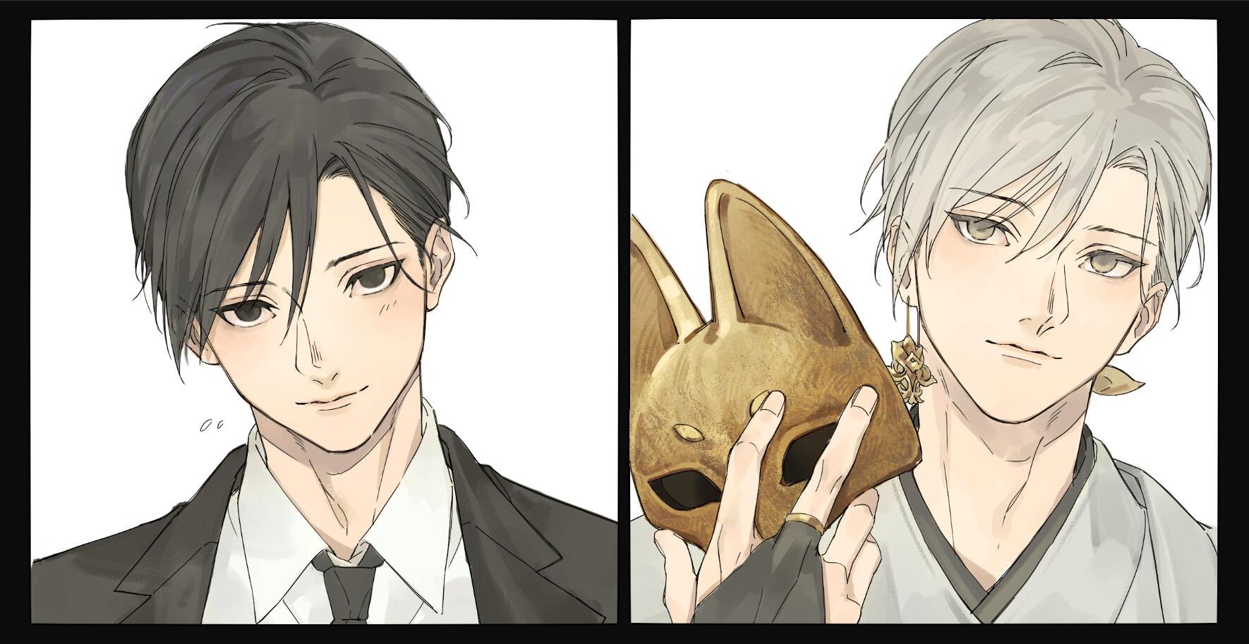 satsuki g, fox mask (silent hill), silent hill (series), silent hill f, highres, 2boys, black eyes, black hair, black suit, earrings, formal clothes, japanese clothes, jewelry, kimono, male focus, mask, multiple boys, removing mask, robe, suit, tassel, tassel earrings, white eyes, white hair, white robe