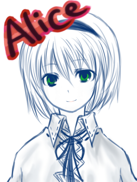 you at pome, alice margatroid, touhou, bad id, bad pixiv id, 1girl, collar, female focus, green eyes, monochrome, short hair, smile, solo, spot color, upper body, white background