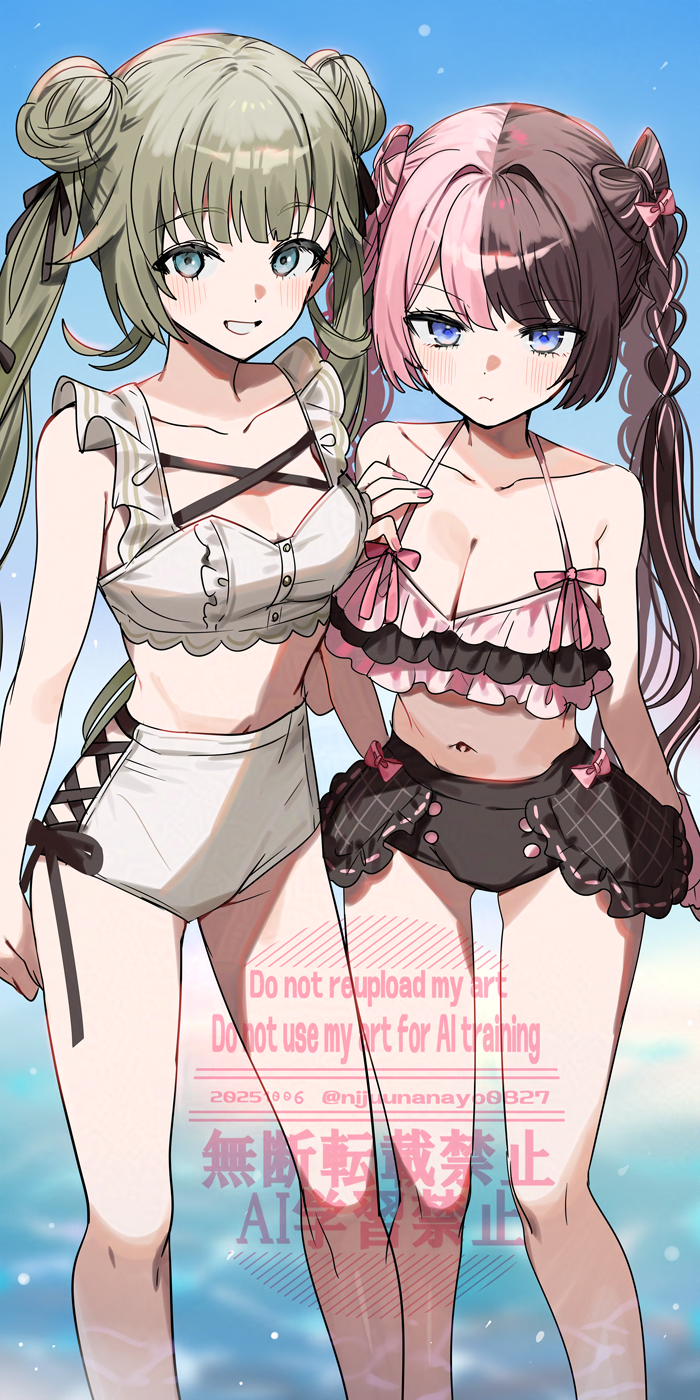 ninahachi, hanabusa lisa, tachibana hinano, vspo!, commentary request, highres, 2girls, :t, bare shoulders, bikini, black bikini, black hair, blue eyes, blue sky, blurry, blurry background, blush, braid, breasts, cleavage, closed mouth, collarbone, day, depth of field, double bun, feet out of frame, green eyes, green hair, hair bun, long hair, medium breasts, multicolored hair, multiple girls, navel, outdoors, pink hair, pout, sky, standing, swimsuit, twin braids, twintails, two-tone hair, very long hair, watermark, white bikini