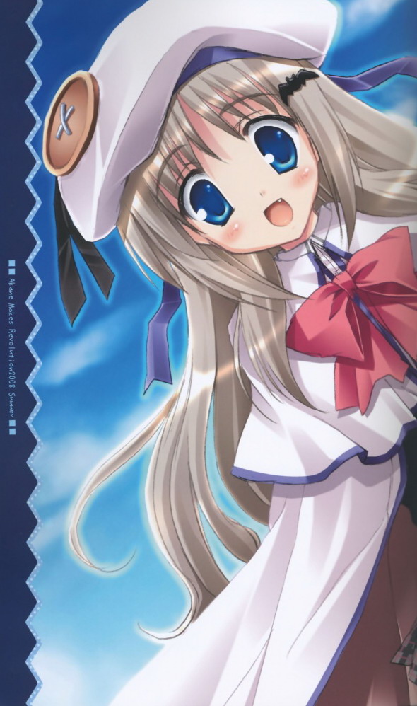 ikegami akane, noumi kudryavka, little busters!, silver hair, 1girl, beret, blue eyes, blush, bow, buttons, cape, female focus, happy, hat, long hair, pink bow, ribbon, smile, solo