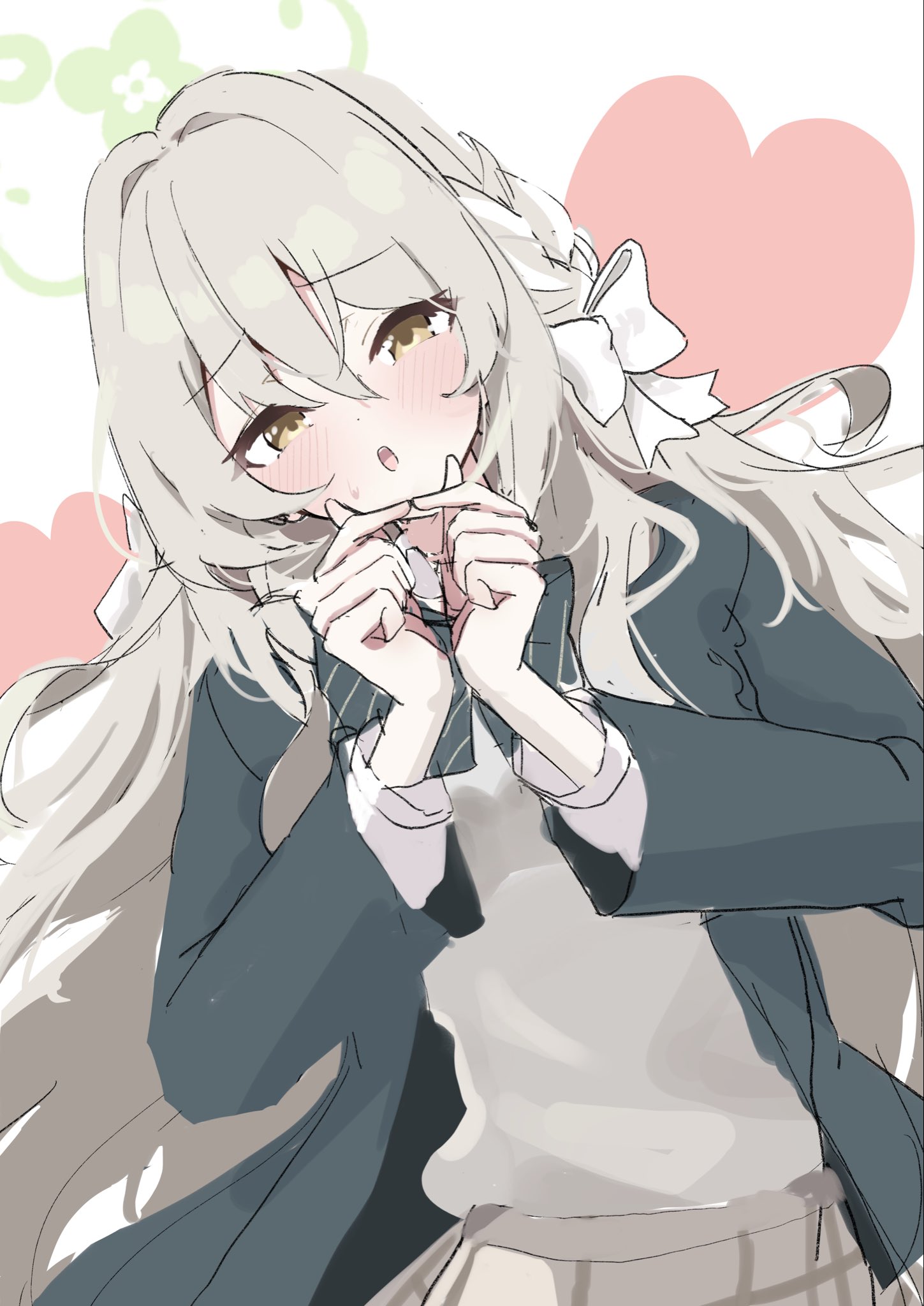 miyo (blue archive), blue archive, highres, 1girl, amai2d, blonde hair, blush, bow, braid, diagonal-striped bow, green bow, green halo, green jacket, green shoes, hair between eyes, hair bow, halo, heart, heart background, jacket, layered sleeves, long hair, looking at viewer, open mouth, shirt, shoes, skirt, sleeves past wrists, smile, socks, solo, striped bow, white background, white bow, white shirt, white skirt, white socks, yellow eyes