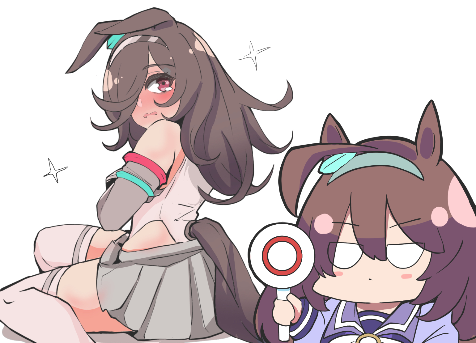 kawamochi (tddm3573), mihono bourbon (mb-19890425) (umamusume), mihono bourbon (umamusume), rice shower (umamusume), umamusume, 2girls, animal ears, bare shoulders, blush, bow, brown hair, clothing cutout, cosplay, ears down, grey skirt, hair between eyes, hair over one eye, holding, horse ears, horse girl, horse tail, leotard, long sleeves, mihono bourbon (umamusume) (cosplay), multiple girls, nose blush, parted lips, pleated skirt, puffy long sleeves, puffy sleeves, purple shirt, red eyes, school uniform, scorecard, shadow, shirt, simple background, sitting, skirt, sparkle, tail, tail through clothes, tears, thighhighs, tracen school uniform, v-shaped eyebrows, wavy mouth, white background, white bow, white leotard, white thighhighs