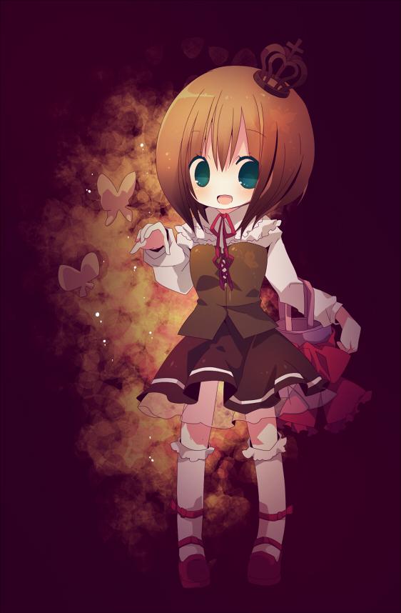 ushiromiya maria, umineko no naku koro ni, 00s, 1girl, bag, brown hair, bug, butterfly, crown, dress, female focus, green eyes, insect, orange hair, ribbon, solo