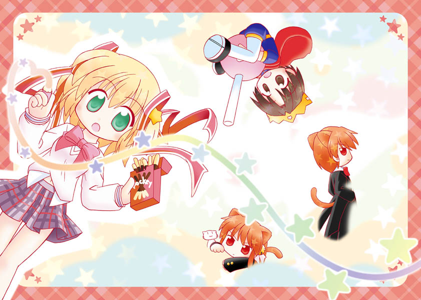 kamikita komari, naoe riki, natsume kyousuke, natsume rin, little busters!, 2boys, 2girls, animal ears, aqua eyes, blonde hair, bow, brown eyes, brown hair, candy, cat ears, chibi, cloud, colored pencil, food, lollipop, multiple boys, multiple girls, orange hair, pencil, pink bow, pocky, red eyes, ribbon, school uniform, sky, star (symbol), wooden pencil