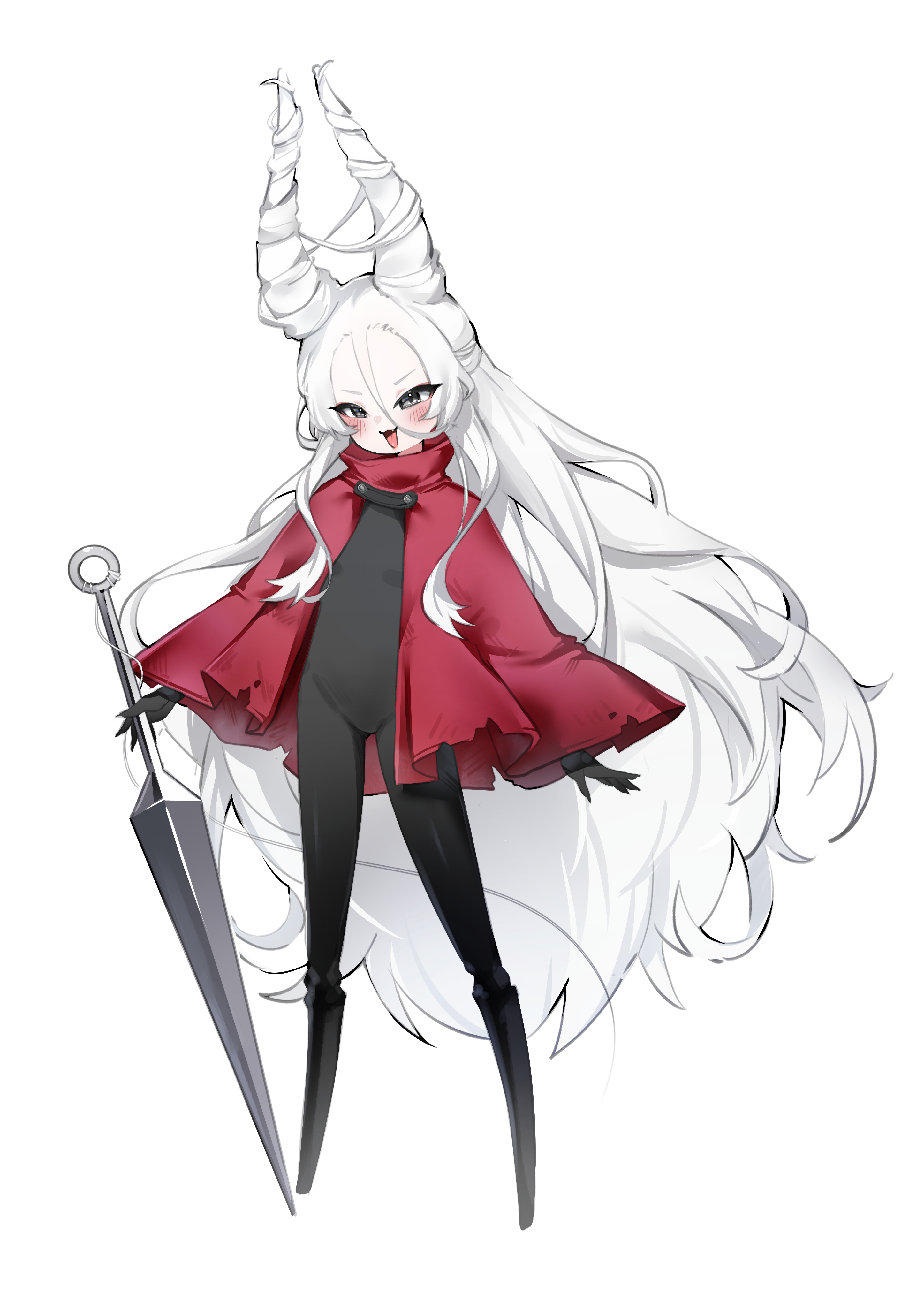 chiimanju, hornet (hollow knight), hollow knight, hollow knight: silksong, absurdres, highres, tagme, 1girl, black skin, blush, breasts, cloak, colored skin, horns, long hair, needle (hollow knight), open mouth, red cloak, simple background, small breasts, solo, white background, white hair