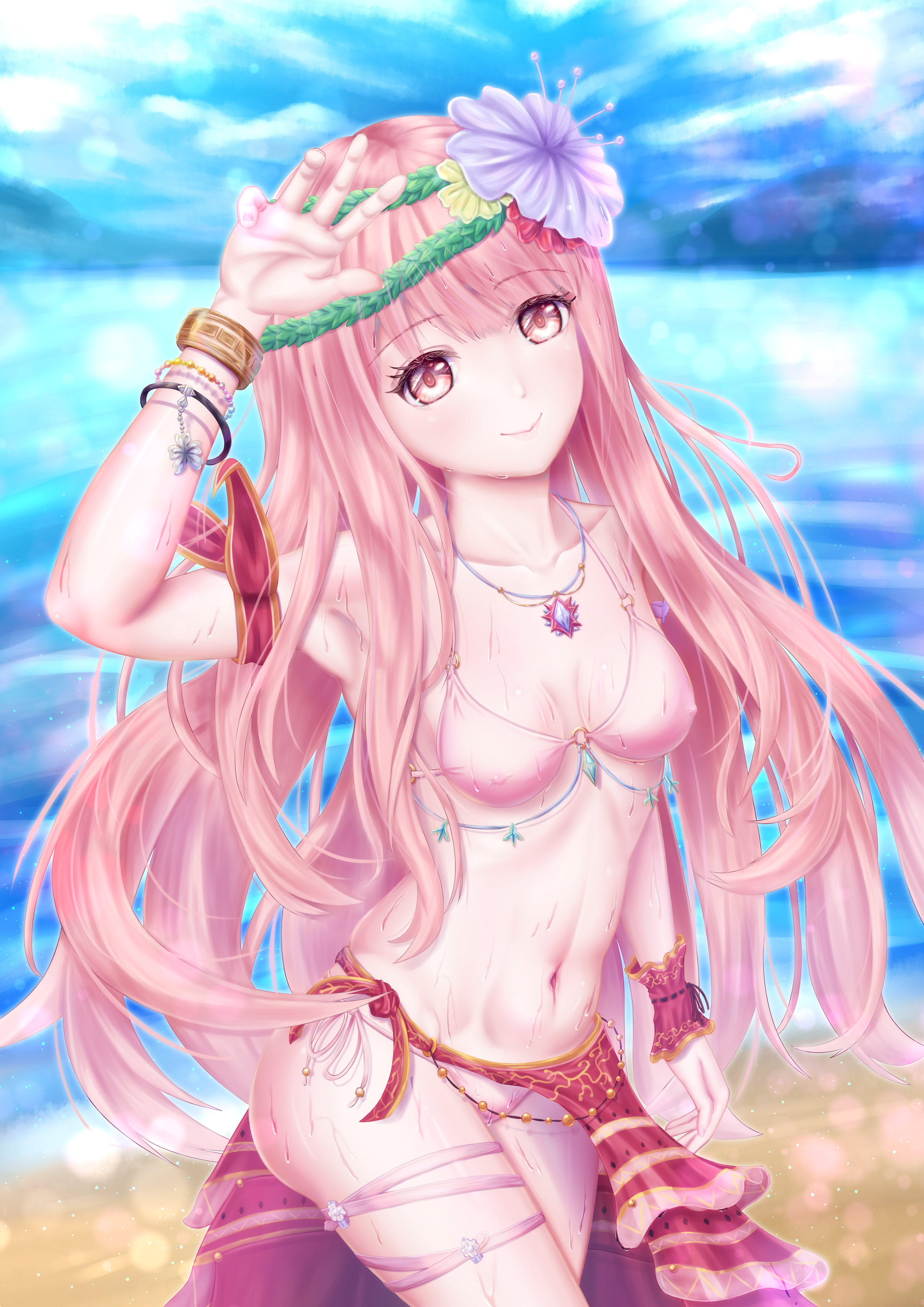 demorisshu, nikki (nikki), nikki (series), shining nikki, absurdres, commentary request, highres, 1girl, armband, bead bracelet, beads, bikini, blue sky, blunt bangs, bracelet, breasts, brown eyes, cleavage, closed mouth, cloud, covered erect nipples, cowboy shot, day, dot nose, eyelashes, flower, green headband, hair flower, hair ornament, happy, head tilt, headband, hibiscus, jewelry, light blush, light particles, lips, long hair, looking at viewer, medium breasts, multiple bracelets, navel, ocean, outdoors, pink bikini, pink hair, pink lips, purple flower, red armband, red sarong, sarong, shore, sky, smile, solo, standing, stomach, swimsuit, tareme, thigh strap, very long hair, wet