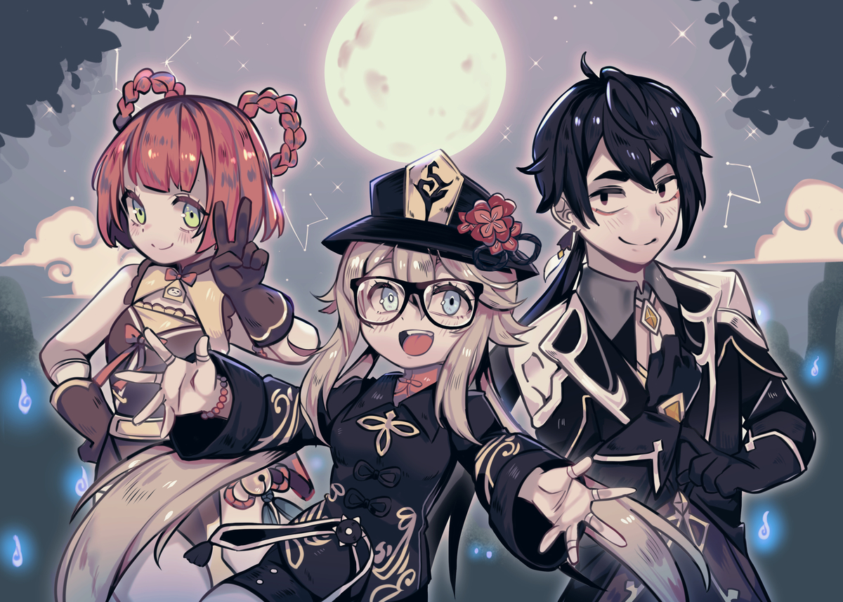 merryweather, parororo, hu tao (genshin impact), xiangling (genshin impact), zhongli (genshin impact), genshin impact, original, commentary, english commentary, 1boy, 2girls, adjusting sleeves, bare shoulders, black-framed eyewear, black coat, black gloves, black hair, black shirt, blonde hair, blue eyes, bracelet, braid, braided hair rings, brown eyes, brown gloves, closed mouth, coat, constellation, cosplay, full body, glasses, gloves, green eyes, hair rings, hand on own hip, hand up, hu tao (genshin impact) (cosplay), jewelry, long hair, looking at viewer, multiple girls, open mouth, outstretched arms, red hair, shirt, sidelocks, smile, teeth, twintails, upper teeth only, v, xiangling (genshin impact) (cosplay), zhongli (genshin impact) (cosplay)